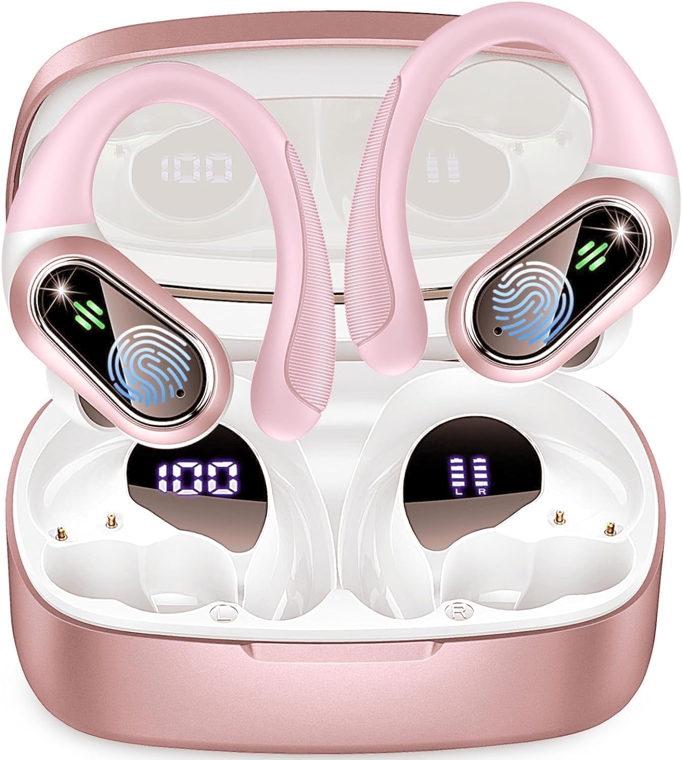 Cuffie Bluetooth Sport, Auricolari Bluetooth 5.3 Wireless con 4 ENC Cancellazione Rumore Mic, 50 Ore HiFi Stereo Cuffie Wireless, IP7 Impermeabile, Cuffiette Bluetooth con LED Display, USB-C, Rosa