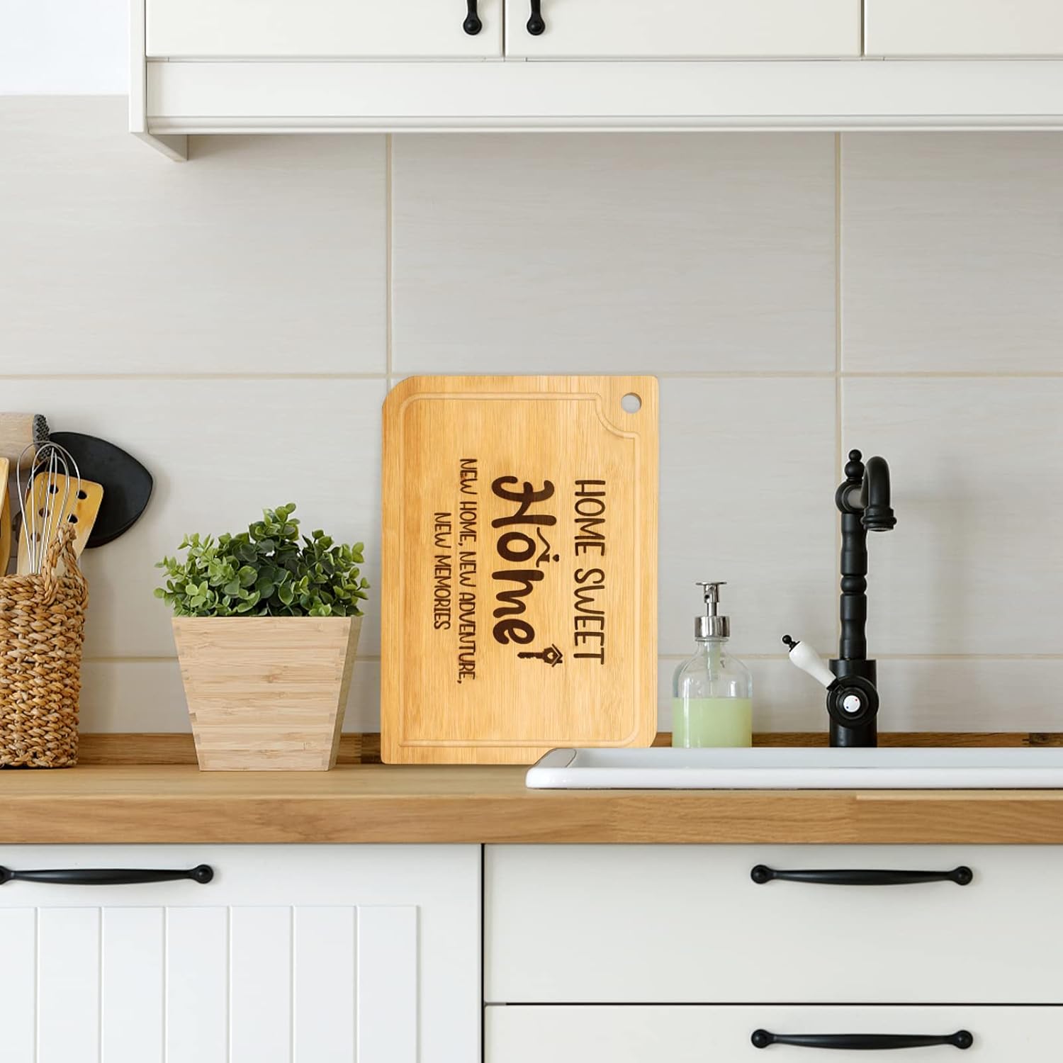 Housewarming Gifts, Engraved Wood Cutting Board with Side Handles, and Juice Grooves House Warming Present for New Home (Personalized-Bamboo)