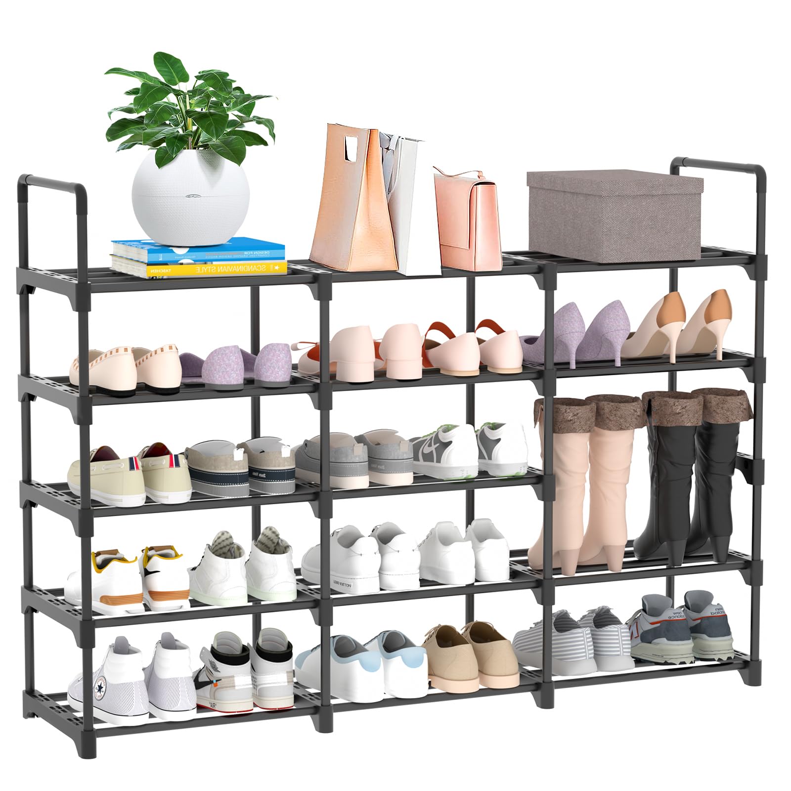 Mueble Zapatero de 5 Niveles Que Ahorra Espacio, de Metal para 30 Pares de Zapatos, Negro, Adecuado para Salas de Estar y Recibidor