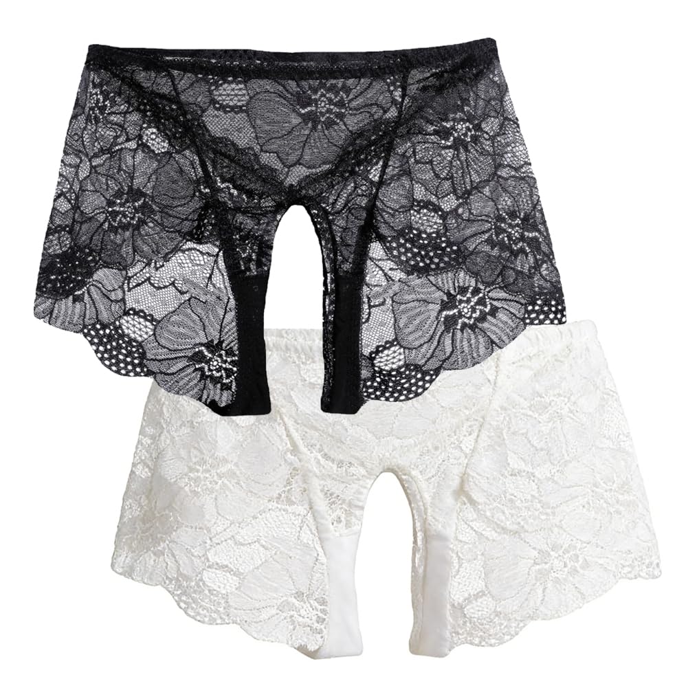 TINAYAUE Perizoma aperto per donna, 2 slip trasparenti in pizzo intimo sotto abito per la calda fidanzata, taglia grande (circonferenza dell'anca 100-105 cm)
