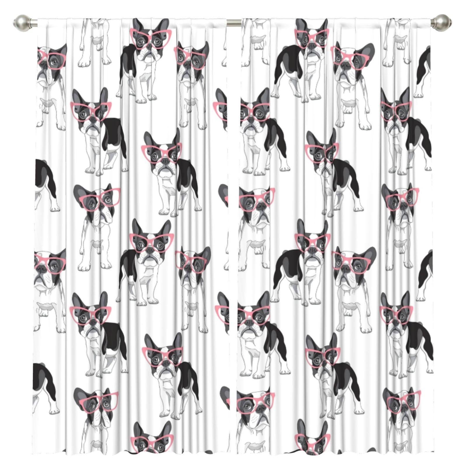 InOmak Black Frenchie Cartoon French Bulldog Pink Glasses White Dog, 2 Panels Window Curtains 52 x 84 Inch Blackout Curtains for Living Room Bedroom