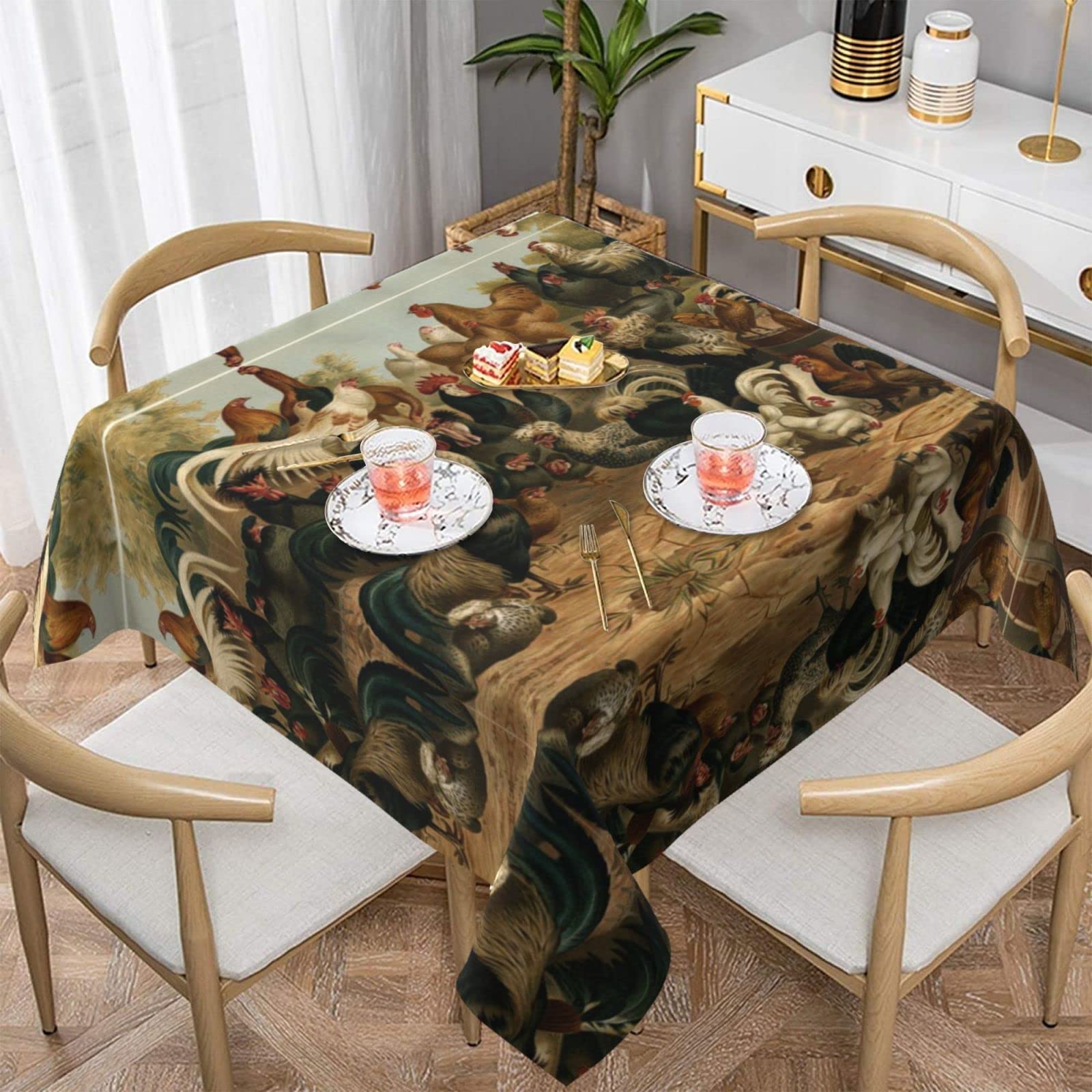Lawenp Chicken and Rooster Print Square Wrinkle-Free Table Cloth Cover Table Decorative for Wedding Dinning Party Banquet Tabletop