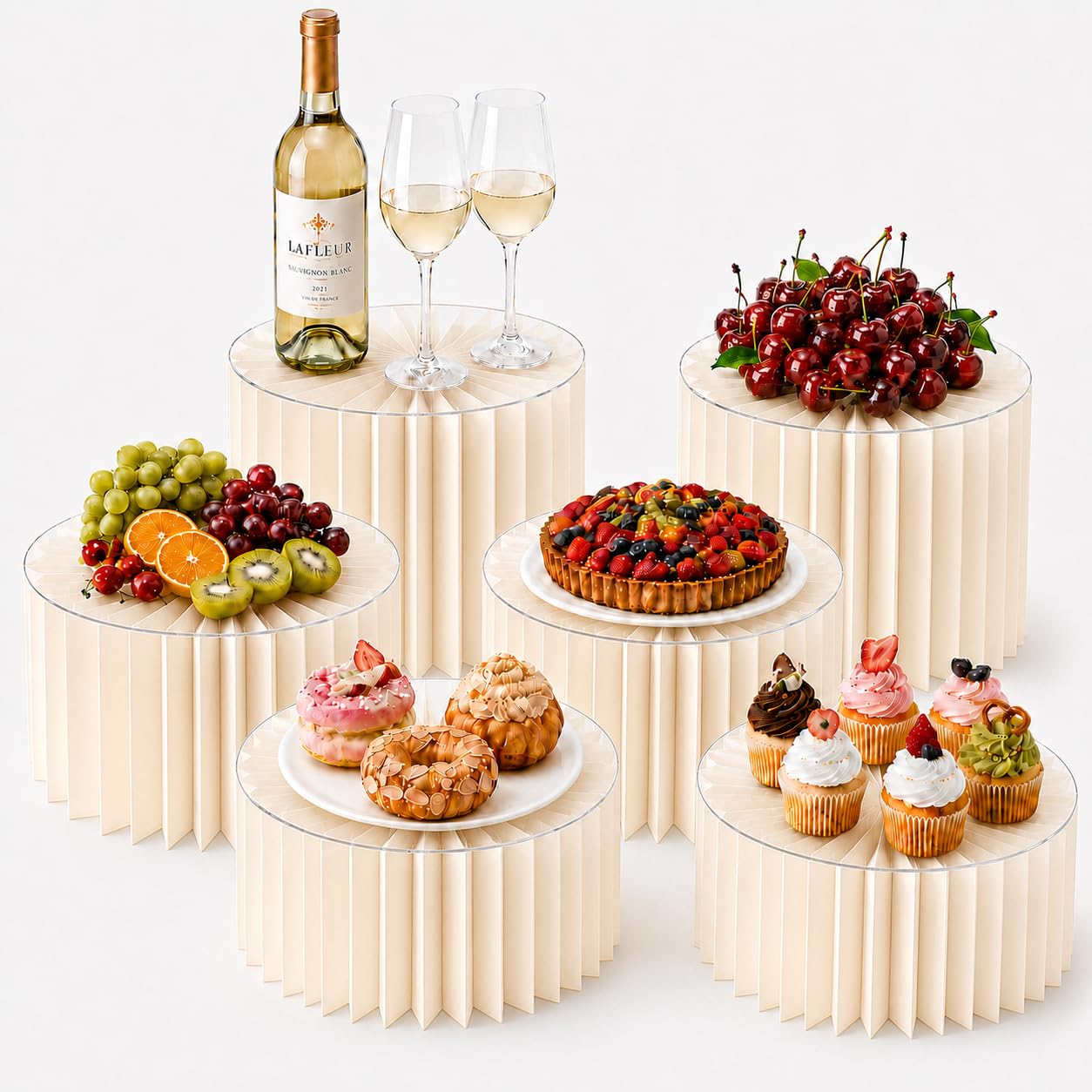 GEEKHOM 6 Stück Faltbare Buffet Zubehör, Buffet Ständer Etagenaufbau, Tortenständer Präsentationsständer, Cupcake Ständer mit Stabilen Pvc Platten für Hochzeit Geburtstag Cupcake Candy Bar
