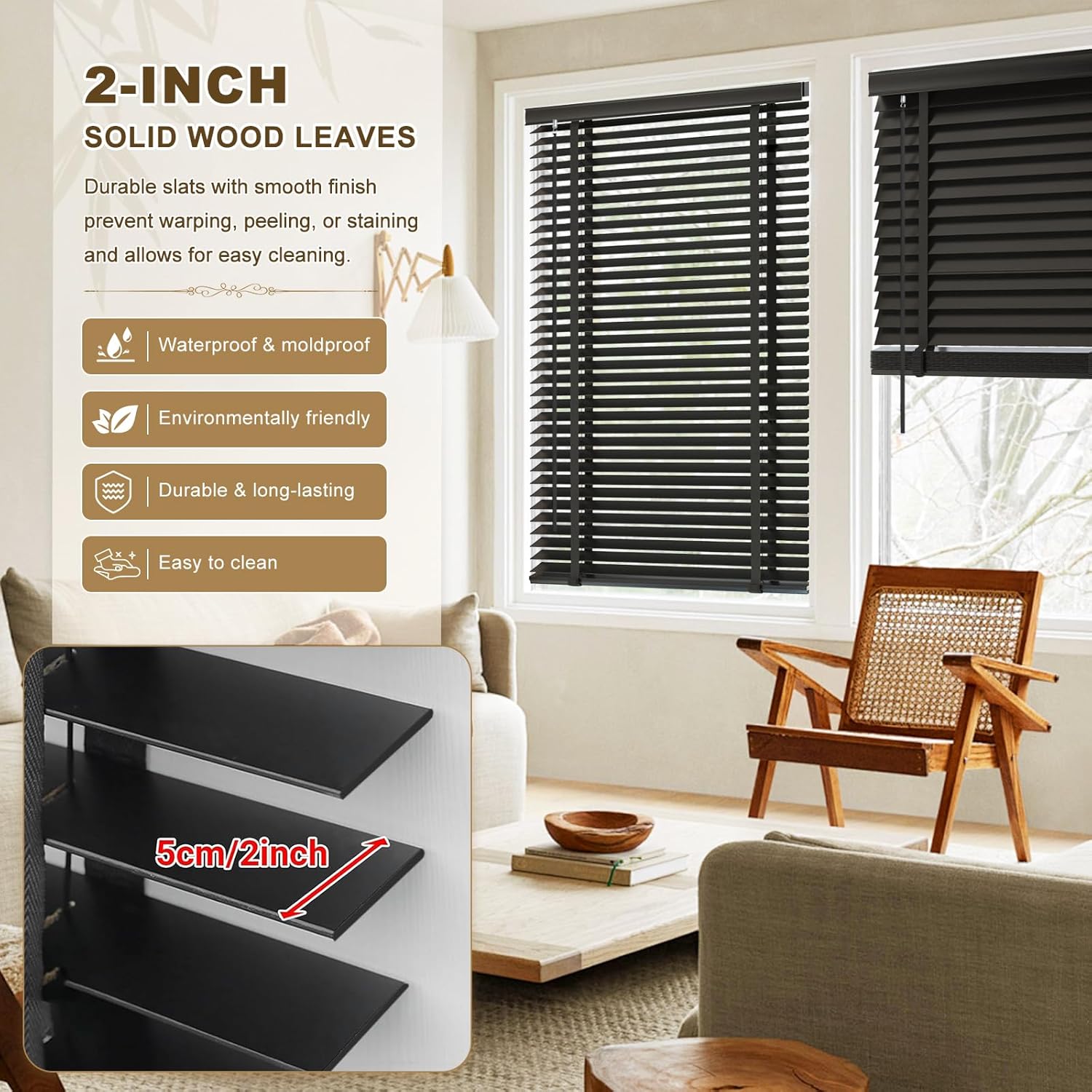 Item similar))))2\" Cordless Wood Blind for Indoor Window,Light Filtering Horizontal Shutters,Easy to Install for Home Interior Windows 012-black 5\"W x 5\"H