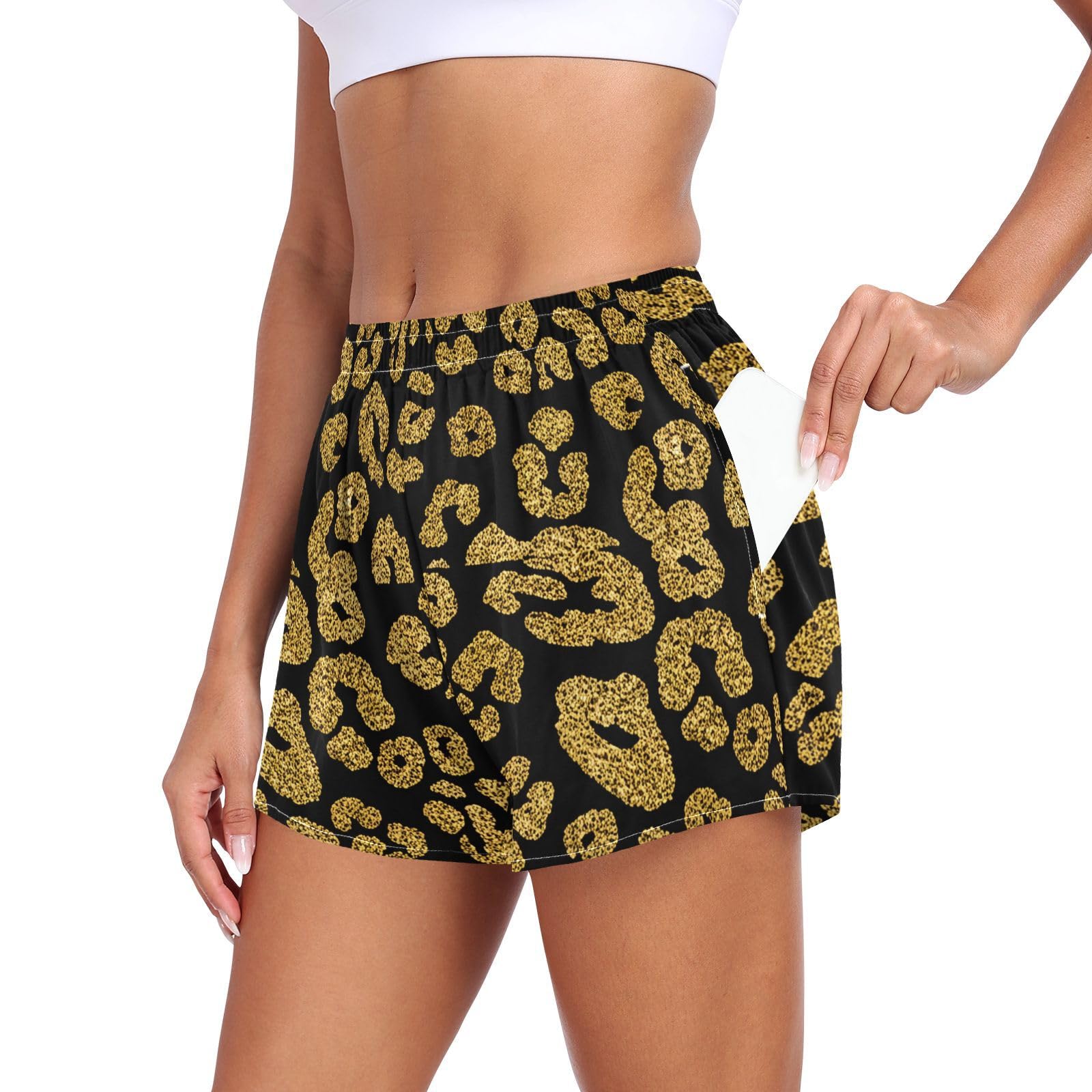 UMIRIKO Women's Athletic Shorts Gold Glitter Leopard Running Shorts Sporty Short Gym Elastic Workout Shorts 202c1431