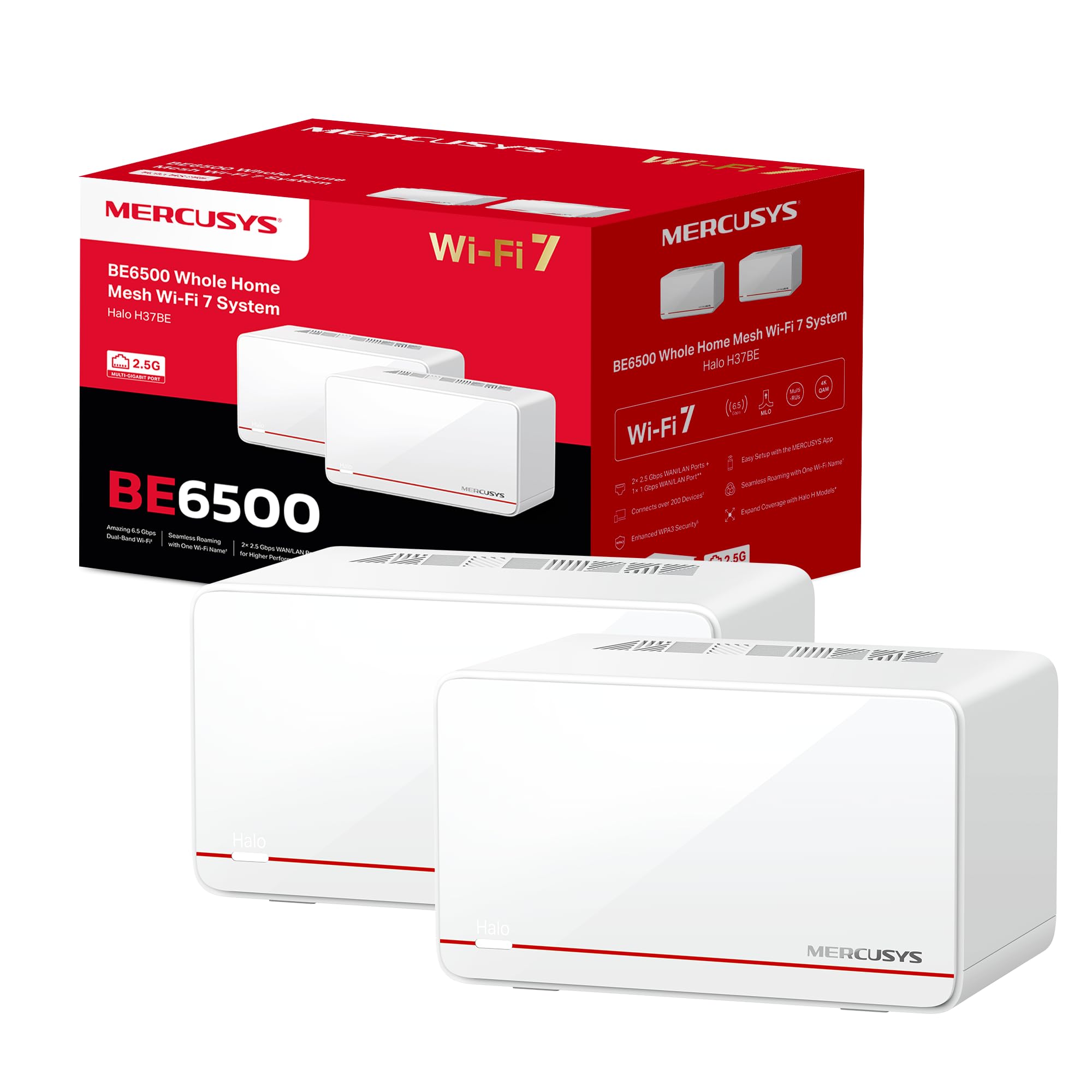 MERCUSYS Halo H37BE V1 – Sistema Mesh Wi‑Fi 7 2‑Unidades, Cobertura hasta 460 m², Puertos 2.5 Gbps, Rendimiento 6.5 Gbps, conexión para >200 Dispositivos
