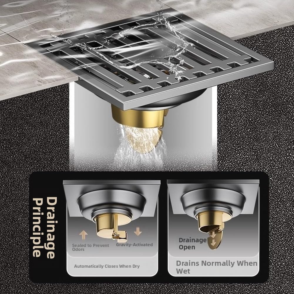 Scarico a pavimento in acciaio inox con anima in rame, controllo automatico e filtro detriti per doccia bagno, grigio, 10 x 10 cm (5)