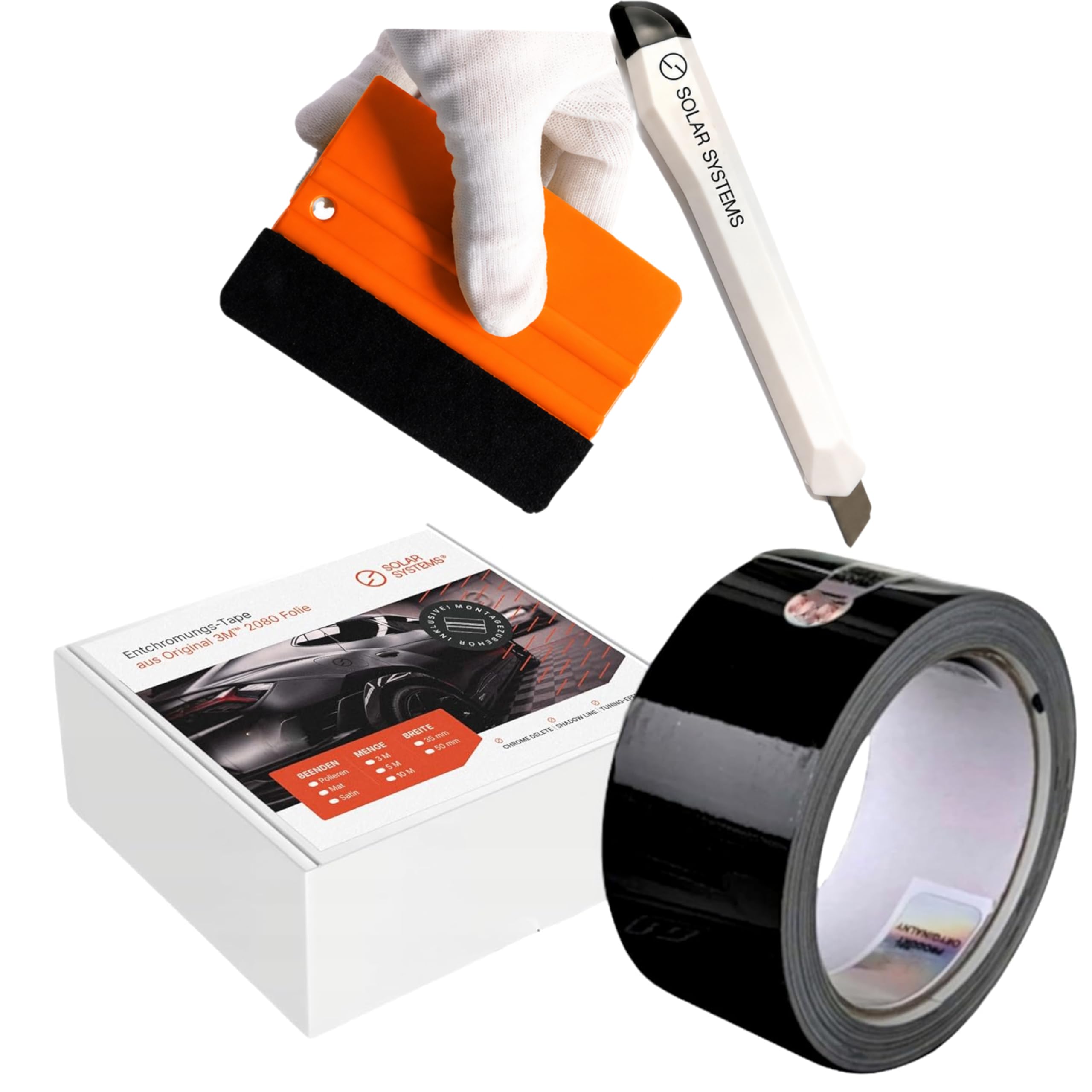 Solar Systems WRAP 2080 Pellicola autoadesiva per auto - nastro decromante + spatola e coltello - tuning - pellicola auto nera lucida 5cm x 10m