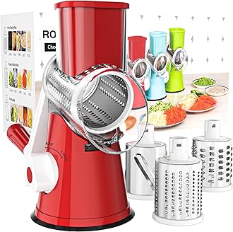 Rotary Cheese Grater Hand Crank Cheese Shredder for Fresh Cheese, Vegetable, Nuts,Non-slip Suction Base, Free Cleaning Brush Three Blades, Red