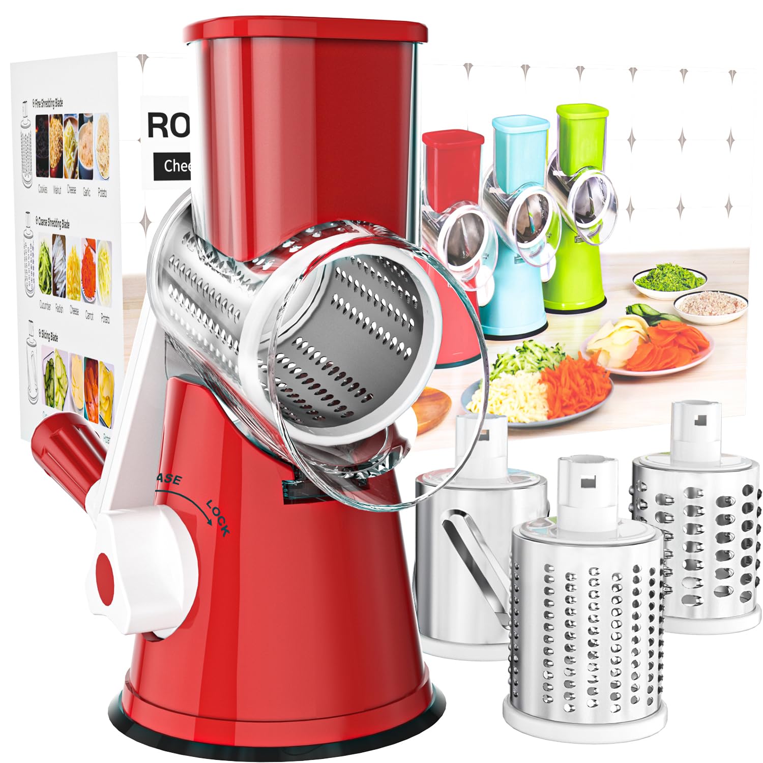 Cambom Rotary Cheese Grater Shredder Chopper Round Tumbling Box Mandoline Slicer Nut Grinder for Vegetable, Hash Brown, Potato with 3 Sharp Drums Blades and Strong Suction Base by Valuetool