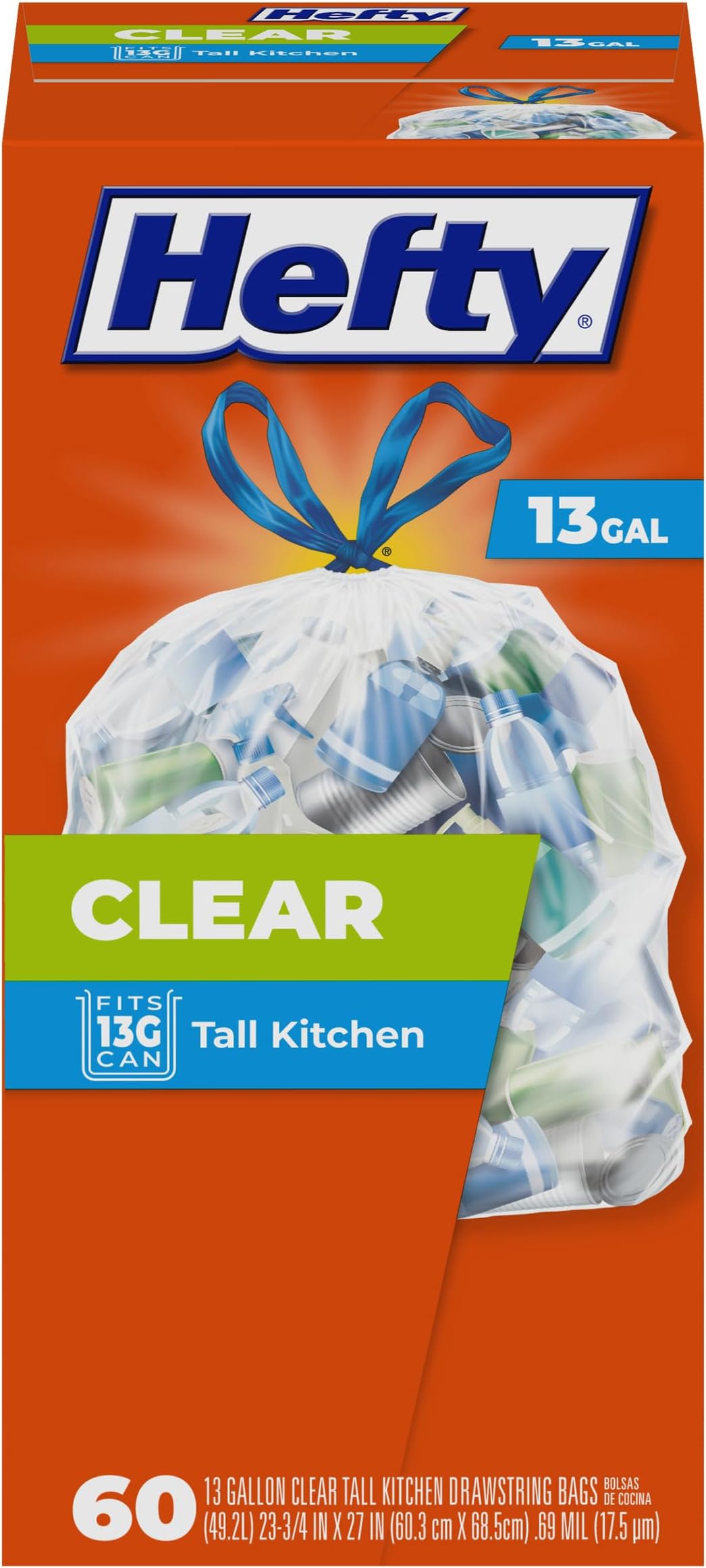 Hefty Recycling Trash/Garbage Bags (Clear, Kitchen Drawstring, 13 Gallon, 60...