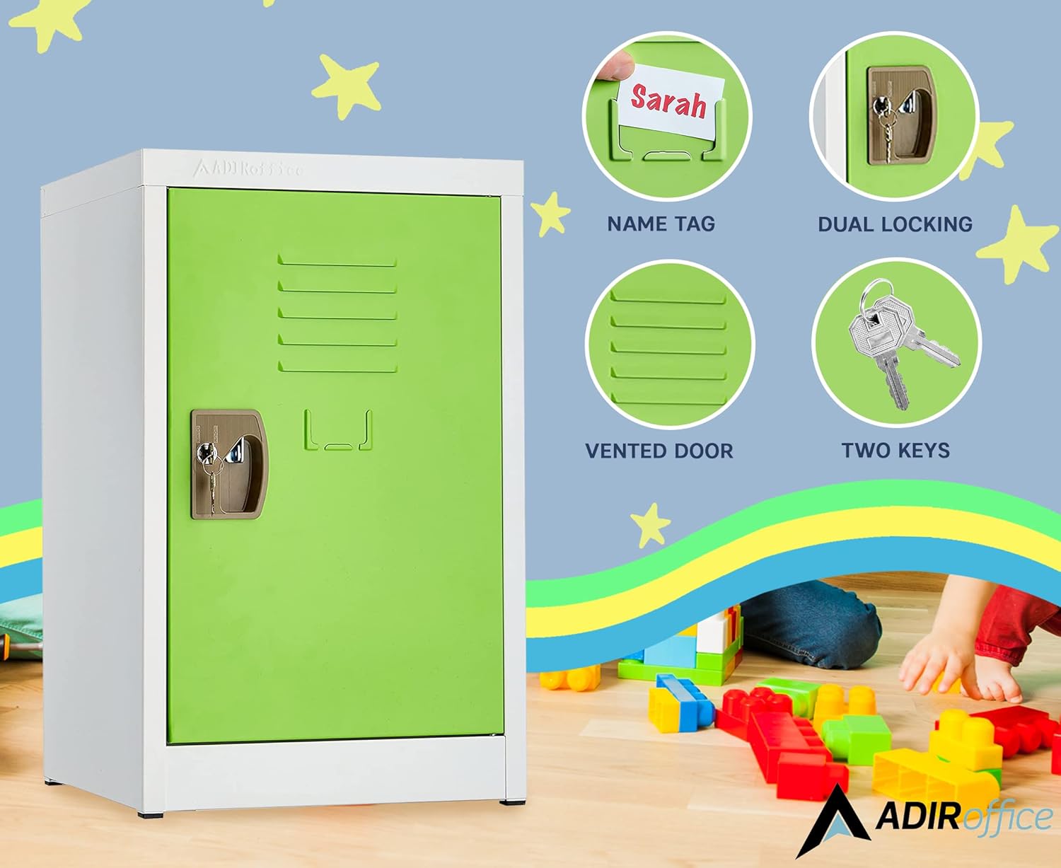 AdirOffice Kids Steel Metal Storage Locker - Heavy Duty Storage Organizer with Key and Hanging Rods for Home, Gym & School