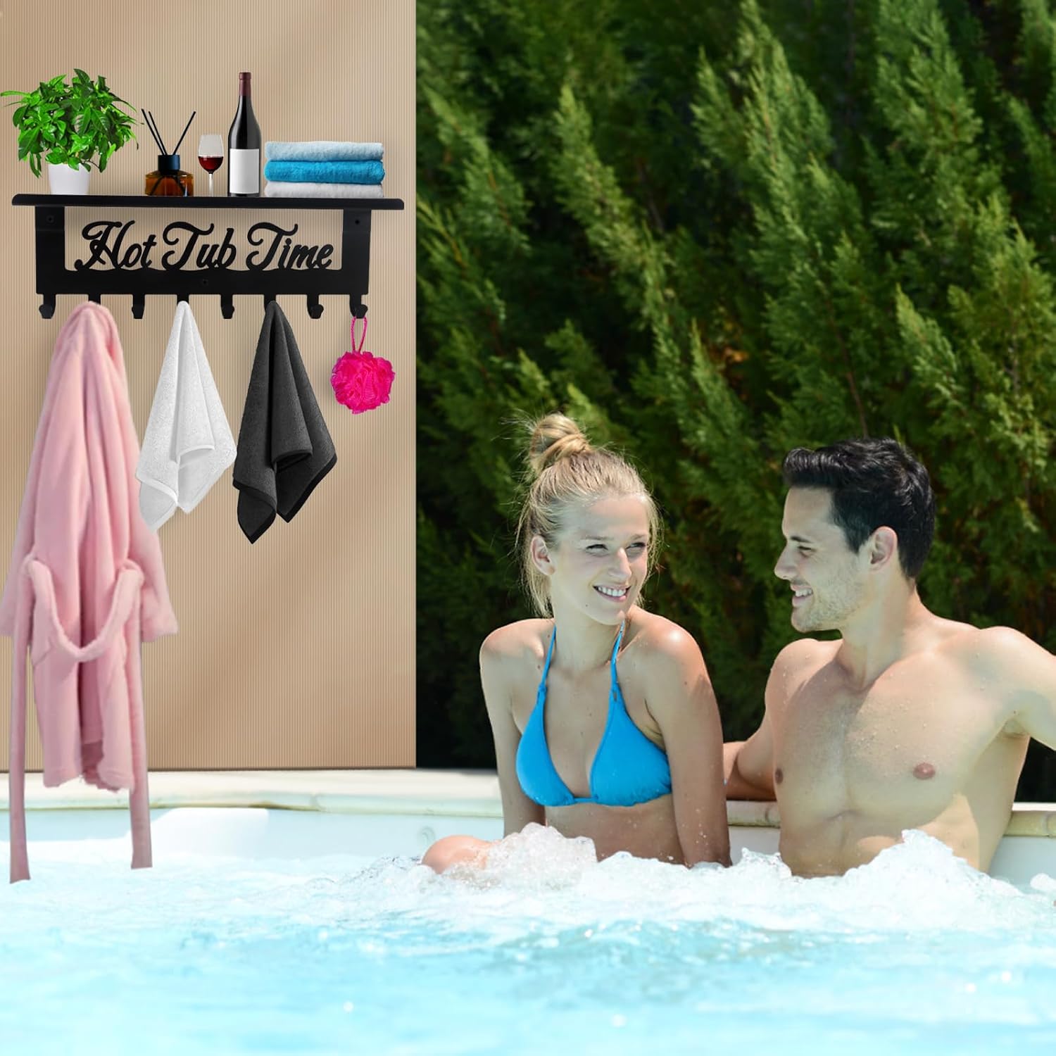 Hot Tub Towel Rack 8 Hooks Hot Tub Accessories with Shelf Bathroom Towel Holder Organizer Outdoor Wall Mount Decor in Bath Hot Spring Swim Pool Hotel