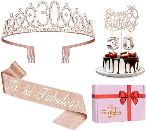 Decoraciones de cumpleaños de 30 años para ella banda, coronatiara, velas y adorno para pastel de cumpleaños de 30 años regalos y decoraciones para
