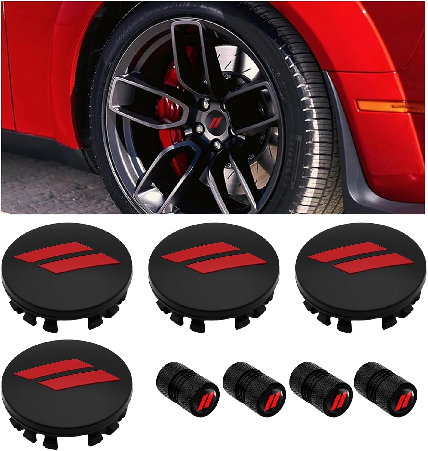 4PCS 63mm/2.5 inch Wheel Center Hub Cap Covers for Charger Challenger Durango Journey Avenger Hornet Dart SRT Non Fading Hubcaps Rim with Same Pattern Tire Valve Stem Caps Cover (Black Red)