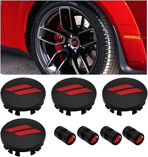 4피스 63mm/2.5인치 휠 센터 허브 캡 커버 충전기 챌린저 듀랑고 저니 어벤저 호넷 다트 SRT 변색 방지 허브캡 림 동일한 패턴 타이어 밸브 스템 캡 커버 (블랙 레드)
