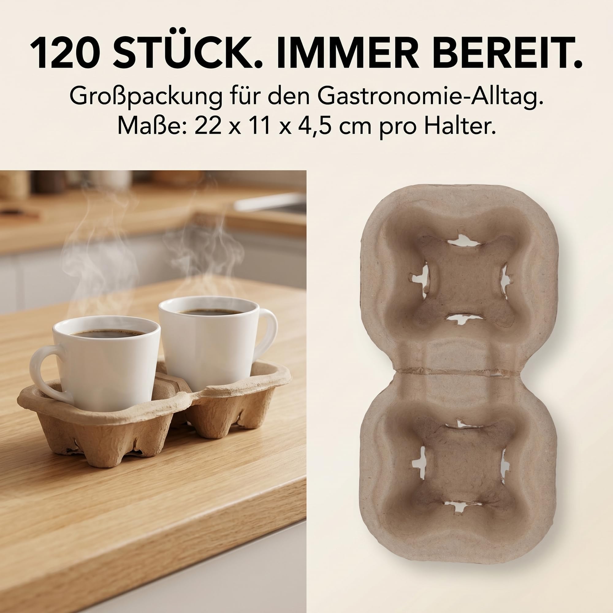 120 Stück 2-fach Becherhalter Pappe, tragbare Getränkebehälter aus Zellulose, 2er Kaffeebecherhalter To Go Für Heiße und Kalte Getränke (22 x 11 x 4,5 cm)