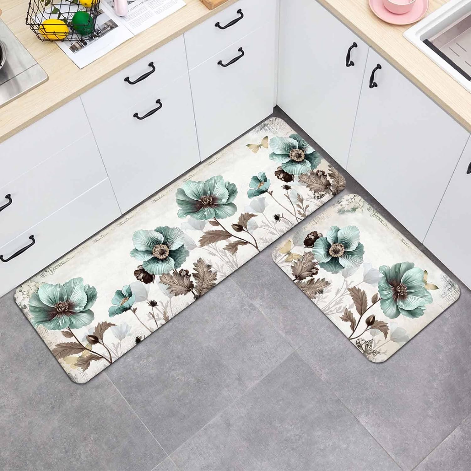 Prime Leader Teal Broccoli Kitchen Mat Set 2 Pieces Rustic Farmhouse Flower Leaf Victorian Style Non Slip Kitchen Rugs Washable Runner Rug Mats for Sink Laundry (19.7" x 31.5"+19.7" x 63")