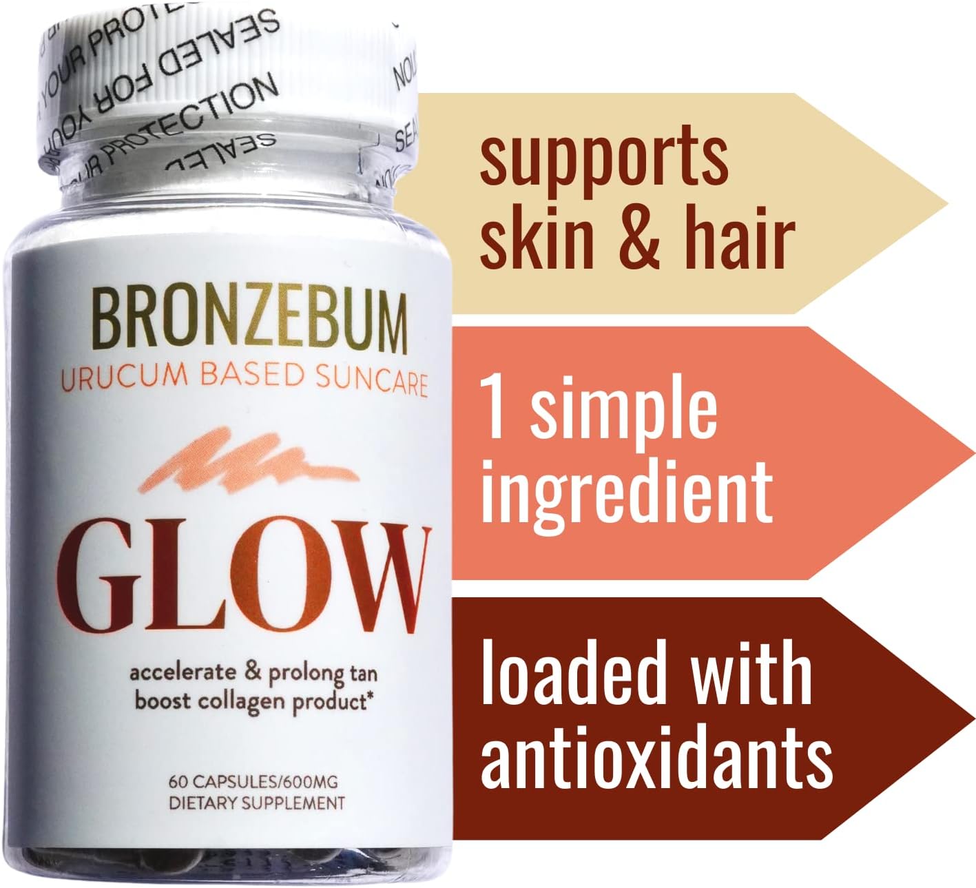 BRONZEBUM Glow Capsules Vitamins A Tocotrienols Antioxidants Melanin Collagen Urucum (ROUCOU, Annatto, Bixin, Urucu) Herbal Supplement Detox Tanning Vegan Additive Free (60ct)