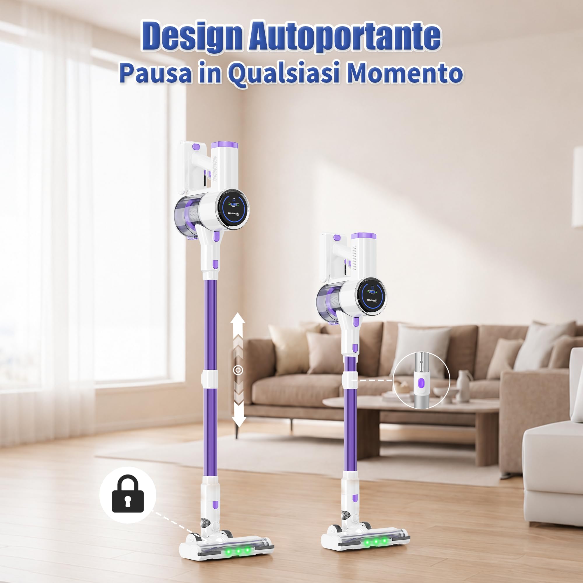 Hearten Aspirapolvere senza Fili con Tubo & Spazzola Triangolare, 40000Pa/450W/40Min, Display LED, Spazzola Antigroviglio Avanzata, Leggera, Autoportante, Silenzioso, per Peli/Pavimenti(Viola-bianco)