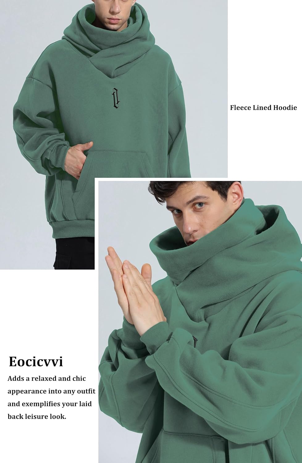 Fleece Hoodies for Men Cowl Neck Sweatshirts Hood with neck Gaiter Casual Pullover Fall Winter with Embroidery