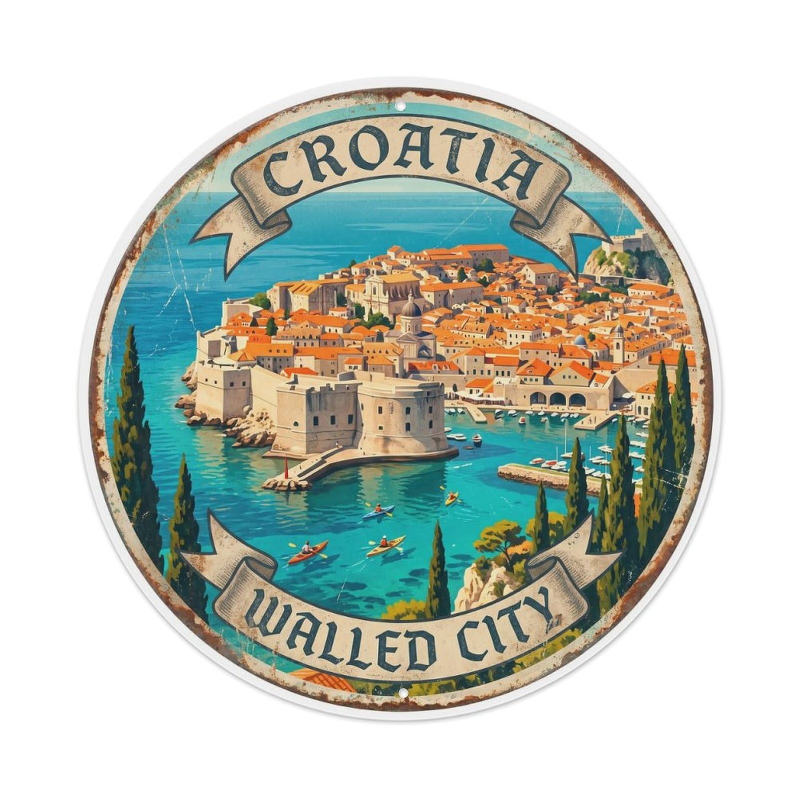 Vintage Travel Walled City Croatia Metal Tin Sign