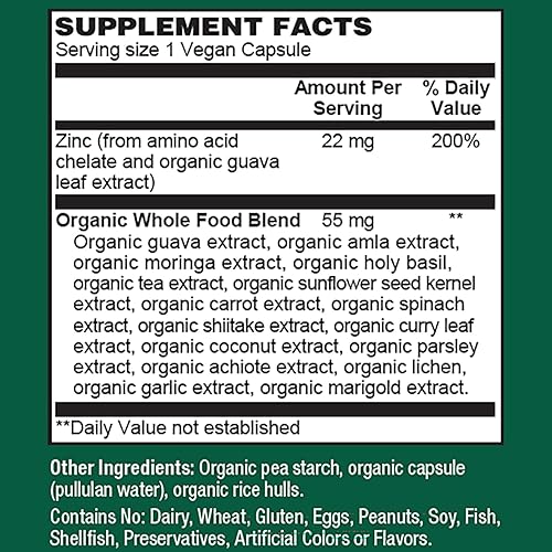 Miniatura 4 de PlantFusion Suplementos veganos de zinc de 22 mg  Complejo de alimentos integrales, citrato de zinc quelado de hoja de guayaba orgánica para apoyo