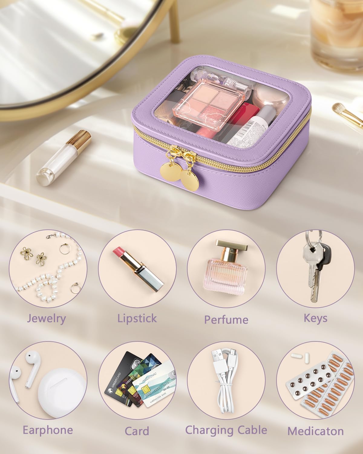 Soimeat Mini Makeup Bag, Small Makeup Bag for Purse, Waterproof Clear Makeup bag, Leather Cosmetic Bag, Square Make Up Bag Pouch, Toiletry Bag for Travel, Car and Women, Purple image 3