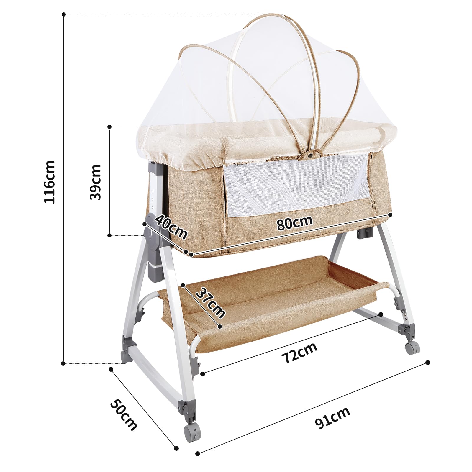 HUOLE Cuna 3 en 1 hasta 30 kg, Cuna de colecho, Cuna Mecedora, Ajuste de Altura e inclinación del colchón, 4 Ruedas con Freno, Colchón Ergonómico, Bolsa-80 * 40 * 100-115cm-blanquecino
