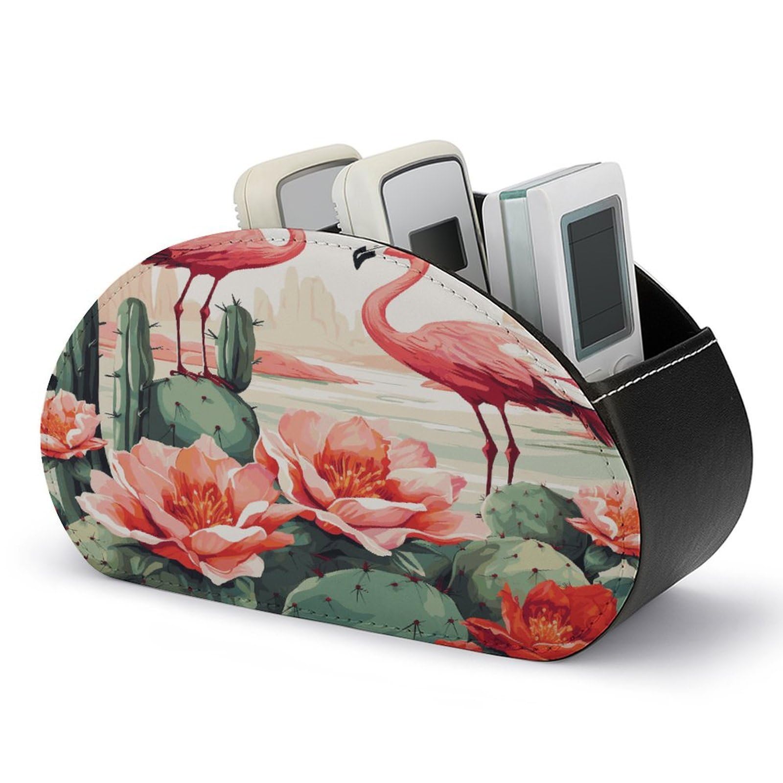 VstaDank Cactus Flamingo Rose Flowers Remote Control Holder with 5 Compartments PU Leather Remote Caddy Desktop Organizer Store TV Remote Control Storage Box for Home Office Desk Nightstand