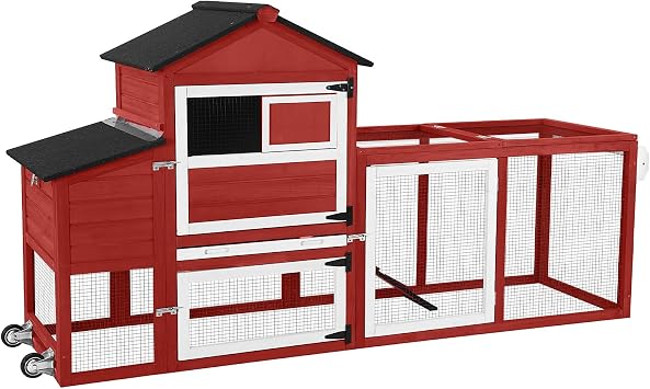GUTINNEEN Chicken Coop Mobile Chicken House with Wheels Expandable Wooden Hen House 80.7" Outdoor Rabbit Hutch Movable with Large Nesting Box for 2-4 Chickens Red