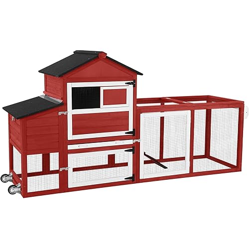 GUTINNEEN Chicken Coop Mobile Chicken House with Wheels Expandable Wooden Hen House 80.7" Outdoor Rabbit Hutch Movable with Large Nesting Box for 2-4 Chickens (Red)