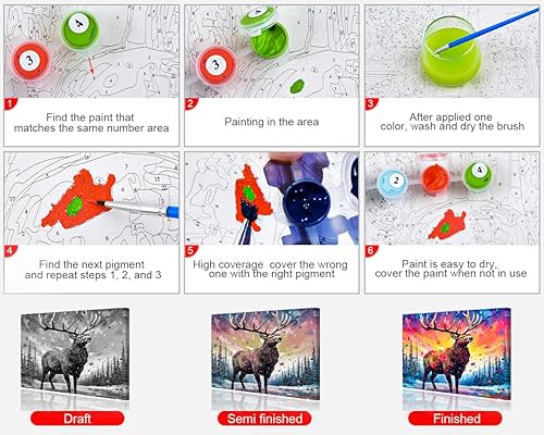 Miniatura 7 de TUMOVO Pintura de animales por números, pintura de alce colorido por números para adultos, pintura de paisaje por números con pinceles y pigmento,