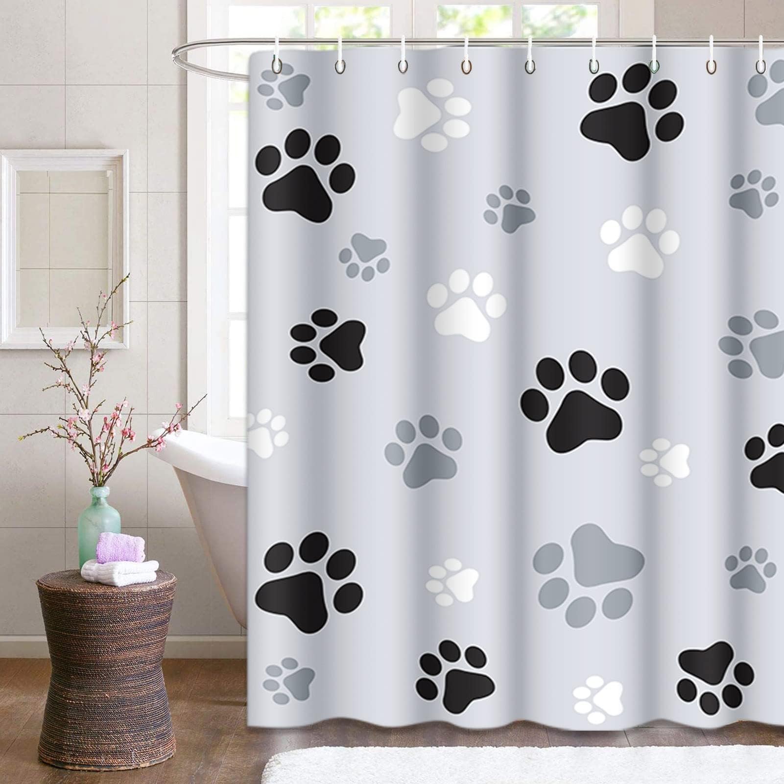 Emvency Shower Curtain Colorful Pawprint Animal Paw Black and Ash Gray Cat Waterproof Polyester Fabric 72 x 72 Inches Set with Hooks