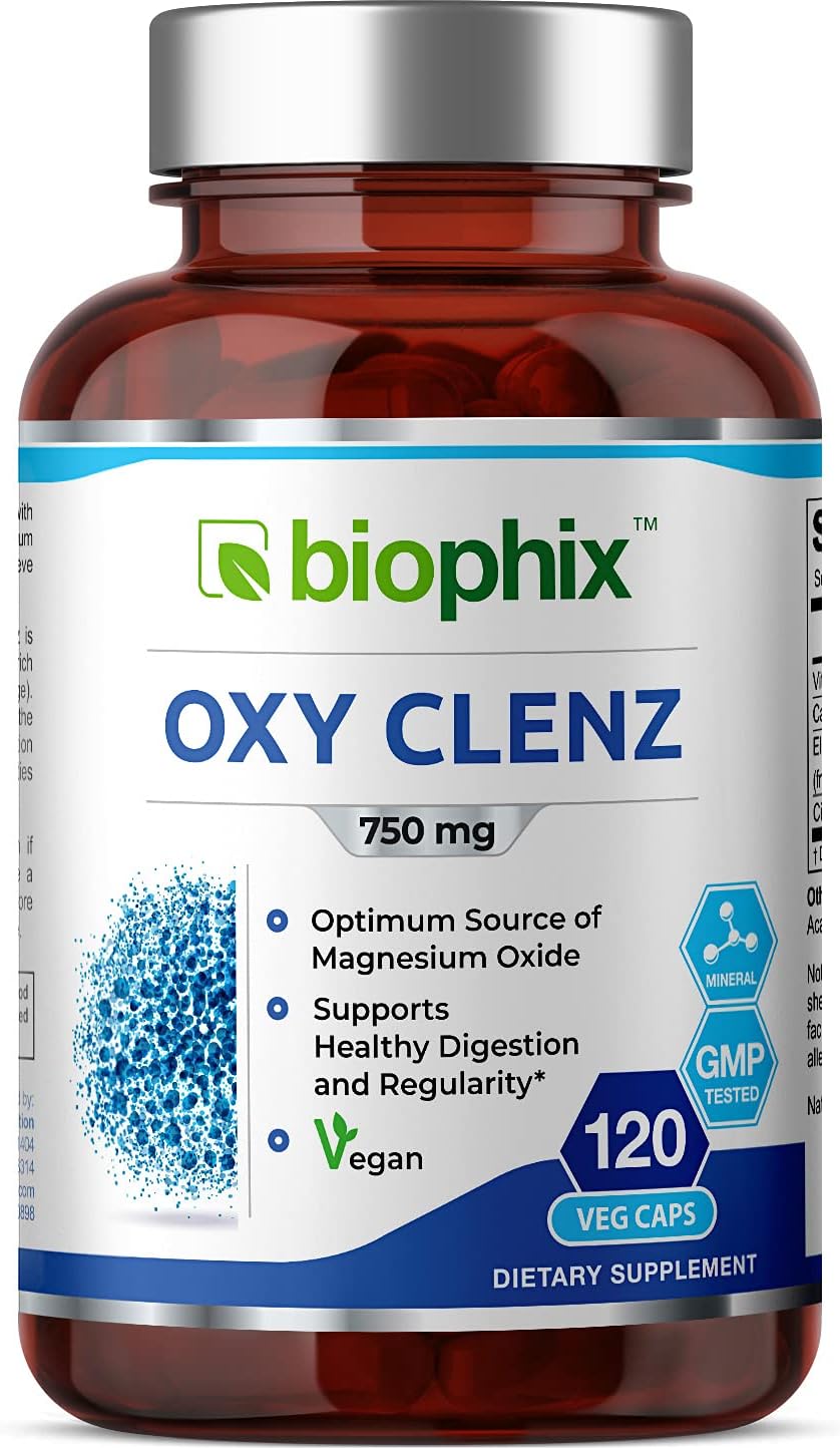 Oxy Clenz 750 mg 120 Vcaps - Natural Magnesium Oxide Oxygen Based Colon Cleanse Gentle Laxative Supports Healthy Digestive Tract Regularity