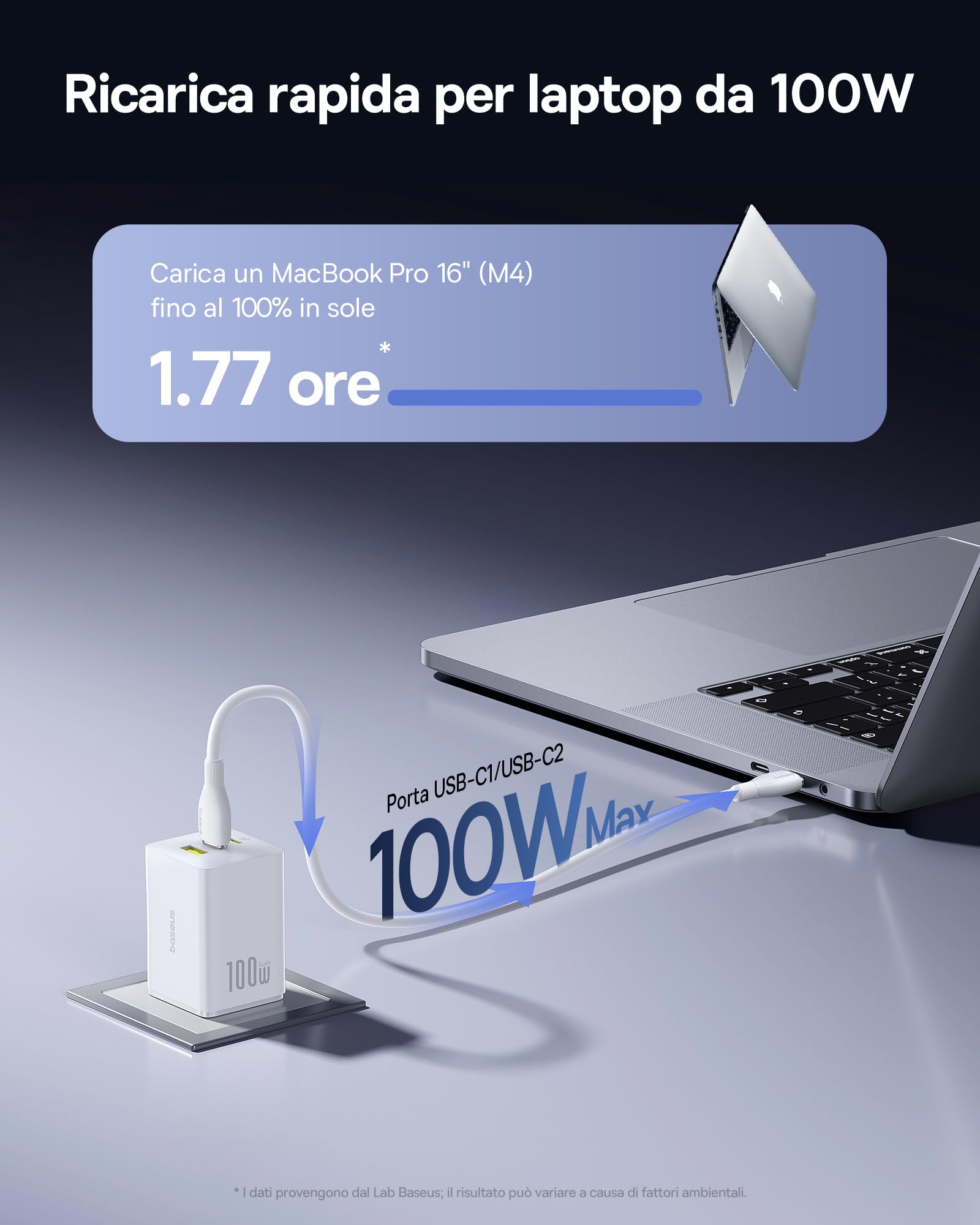 Baseus Enerfill Caricatore USB-C 100W, Alimentatore USB-C a 3 Porte, Caricatore PD con PPS, Caricatore Rapido GaN compatibile con MacBook Pro/Air, iPad, iPhone 17/16/15/14 Serie, Galaxy S25, Pixel