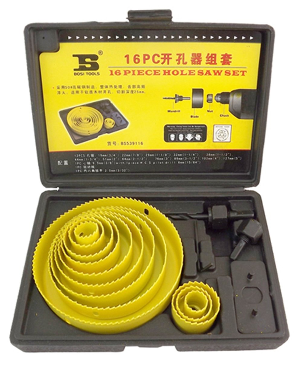BOSI 16 Pcs Hole Saw Bit Kit Set Holesaw Wood 3/4" to 5"