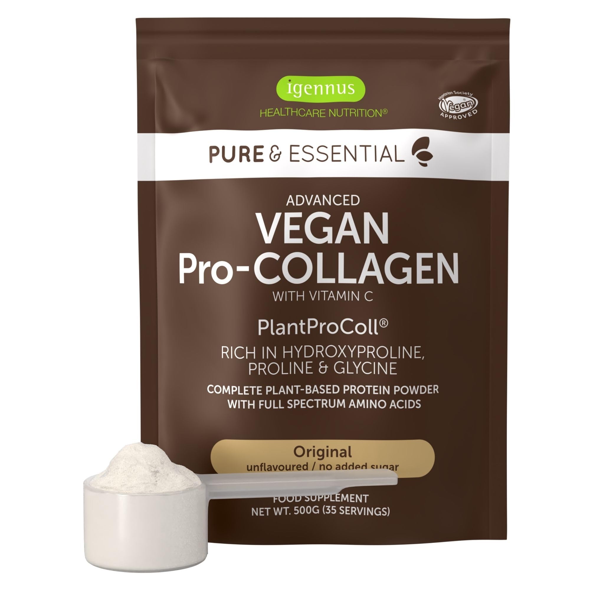 Igennus Vegan Pro-Collagen Protein Powder, Plant-Based Peptide Supplement with Glycine, 21 Amino Acids & Vitamin C, Complete Collagen Boosting Formula, Mix into Drinks or Food, 35 Servings