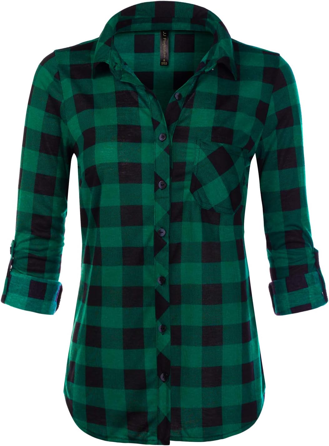 JJ Perfection Basic Roll Up Sleeve Shirts with Front Pocket Collared Button Down Flannel Casual Plaid Shirt Tops for Womens