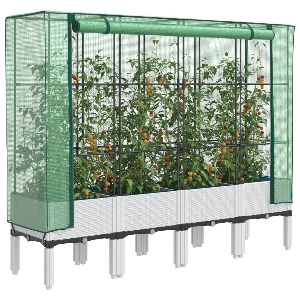 Bancal con accesorio de invernadero, aspecto de ratán, 160 x 40 x 140 cm, polipropileno, para jardín, terraza y balcón