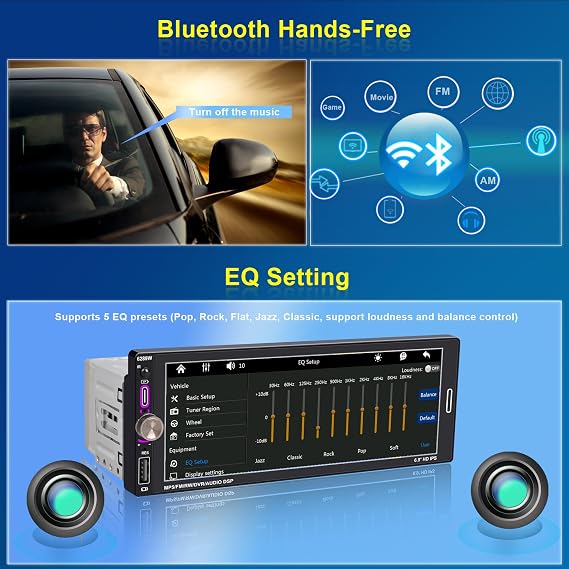 6.9 Single DIN Car Radio with Wireless Apple CarPlay, Car Bluetooth 5.2, AM FM Radio, IPS Touchscreen 1280x480, Backup Camera, Type-C Fast Charging, USB, 180W Subwoofer, Android Auto, GPS Navigation