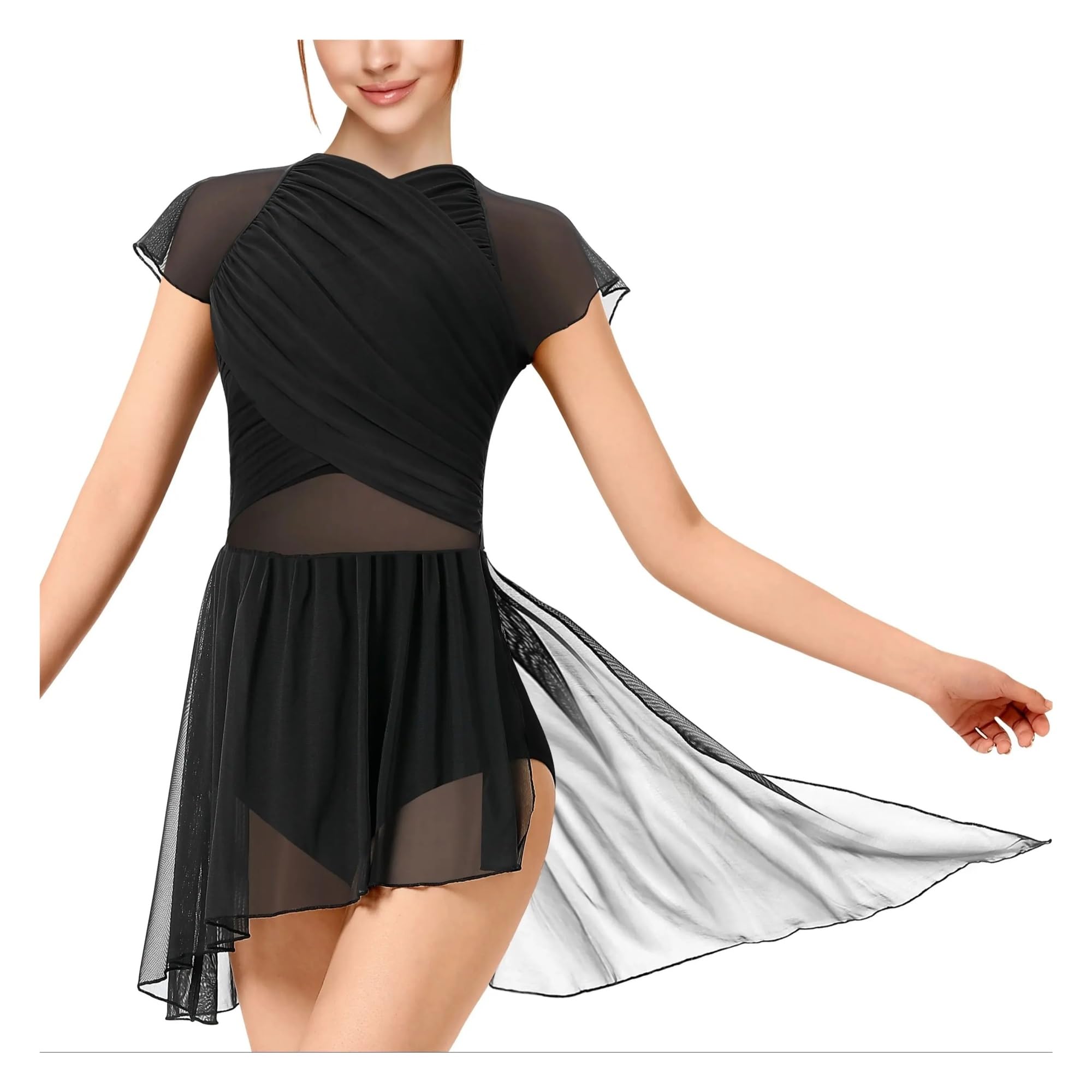 Vestido de Patinaje Artístico Vestido de baile for mujer, malla con mangas onduladas y falda, traje lírico, espalda hueca con efecto gota de agua