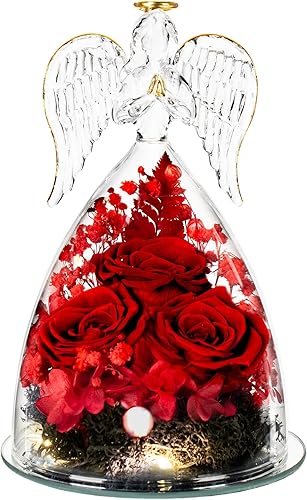 Miniatura 7 de Regalos para ella, figura de ángel de cristal con tres rosas, regalos de rosas reales preservadas para siempre, para mujeres, ángel guardián con
