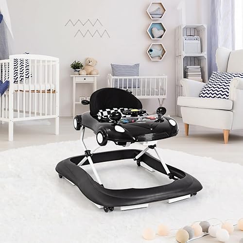 Miniatura 4 de Andador de bebé caminante plegable 2 en 1 con reproductor de música y luces volante espejos bandeja extraíble a bandeja de alimentos asiento