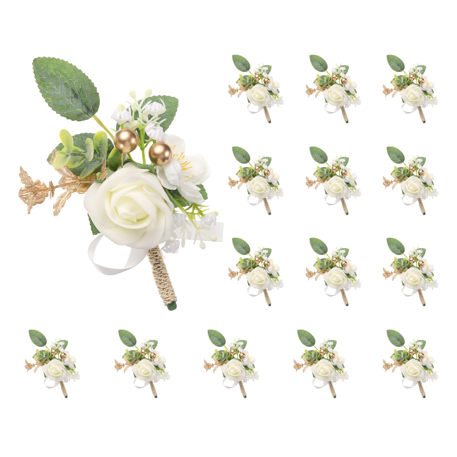 QUARKZMAN 15 Stück Weiße Rosen Anstecksträuße für Männer, Knopflöcher Taschenkorsage Künstliche Blumen mit Anstecknadeln für Braut Bräutigam Hochzeitszeremonie Jubiläum Formelle Party