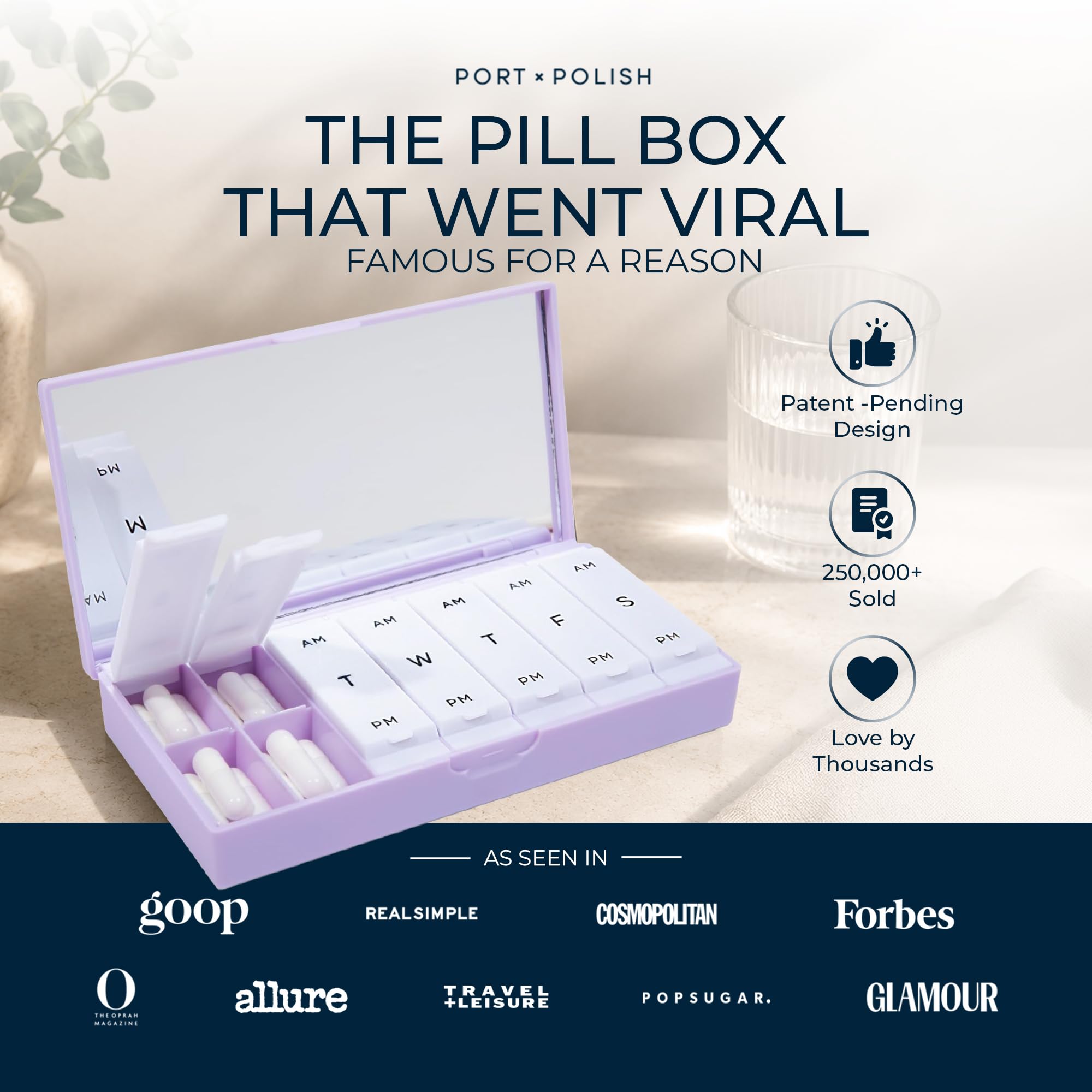 PORT X POLISH Designerski tygodniowy organizer na tabletki (AM/PM 2x Daily, liliowy) | kompaktowy, stylowy 7-dniowy futerał na suplementy witaminowe, uroczy przenośny mini podróżny pojemnik na leki,