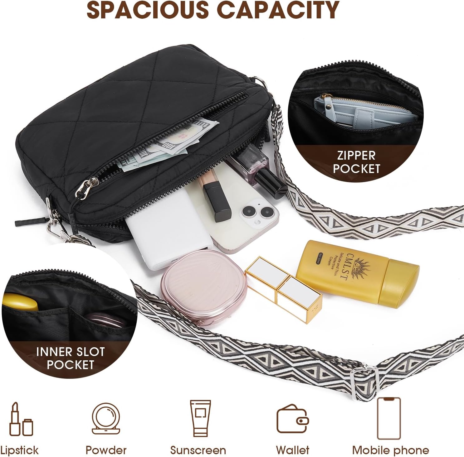 Telena Crossbody Bags for Women Quilted Design Puffer Bag Purse Lightweight Shoulder Bag (1-black) - Image 3