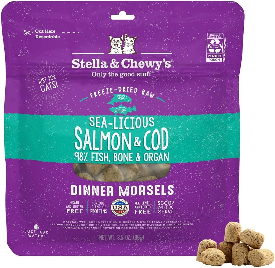 Stella & Chewy's Freeze-Dried Raw Cat Dinner Morsels - Premium Salmon & Cod Recipe with 98% Wild-Caught Fish & Organs - Natural Grain-Free Cat & Kitten Food - Made in USA - 3.5 oz