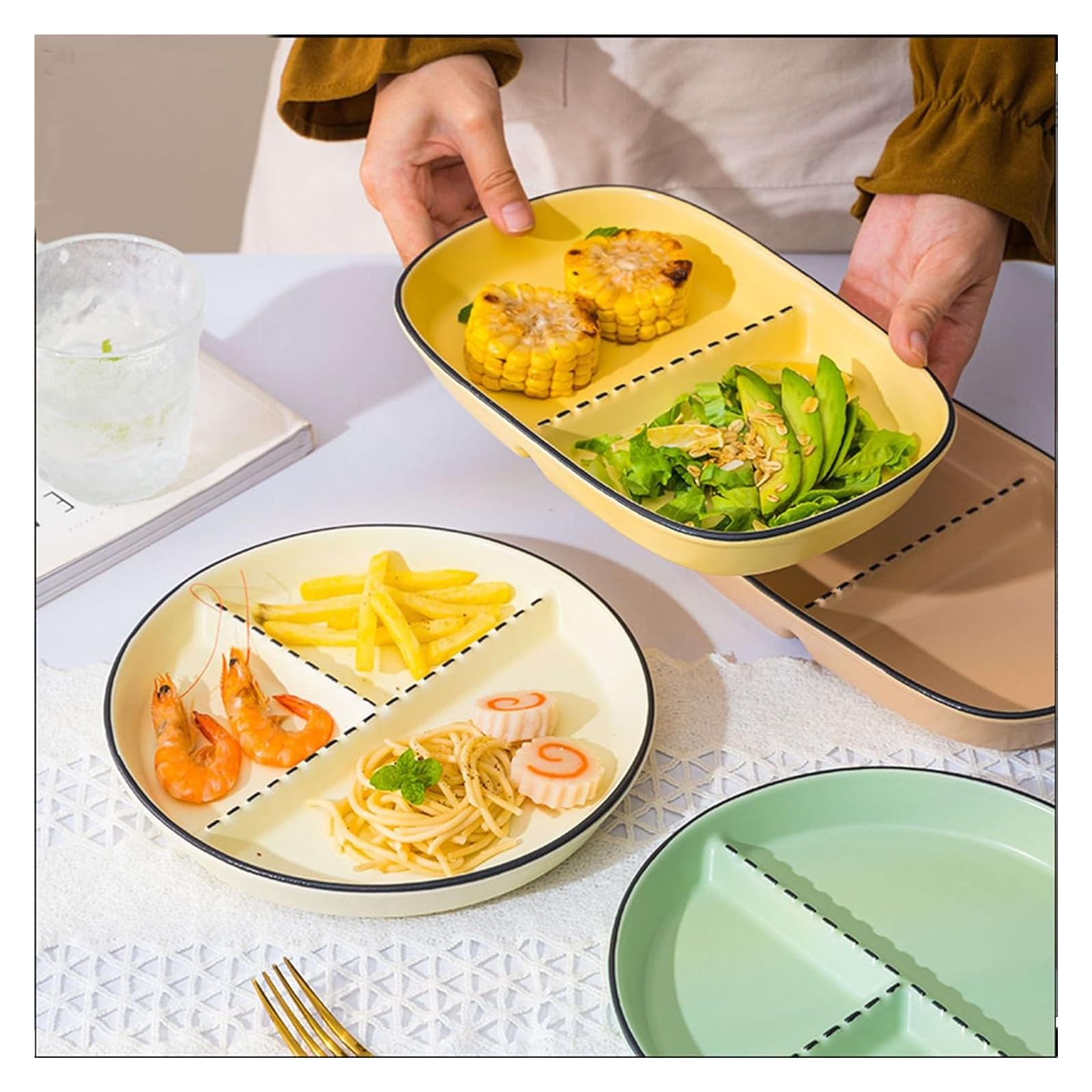 Assiettes plates rectangulaires en céramique avec compartiments pour adultes Vert