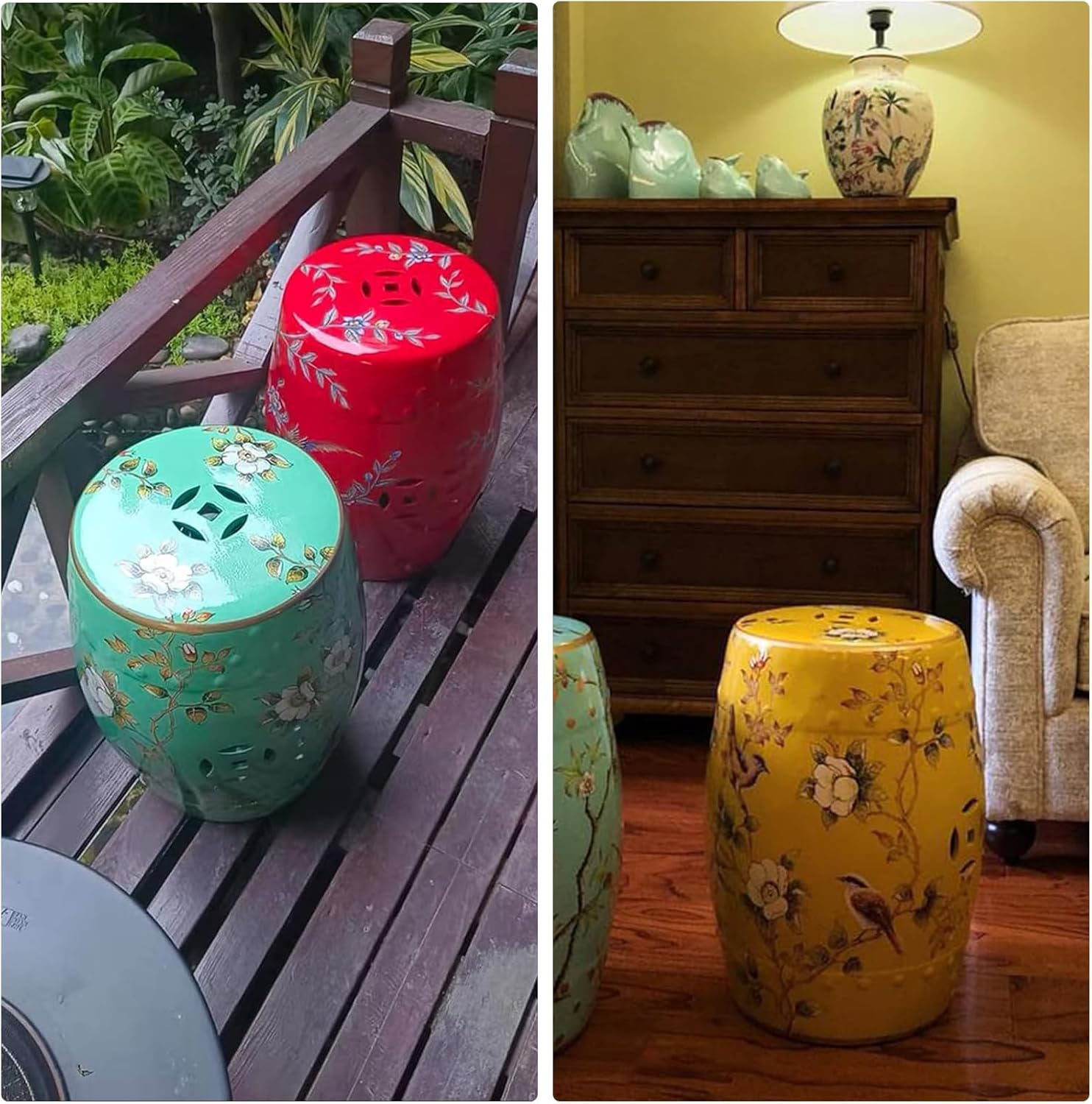 Chinoiserie Ceramic Drum Indoor/Outdoor Garden Stool,Bird & Flower,Classic,Bohemian,Cottage,French Country,Bathroom,Garden Room,Patio(11" D x 11" W x 18" H, Green)
